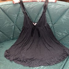 Vtg Victoria  s Secret Angels Large Chemise Modal Grey Black Babydoll Ruffle Y2K