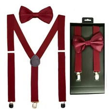 WINE RED Men's Pre-Tied Adjustable Bow Tie with Y-Back Clip Suspenders SET Prom