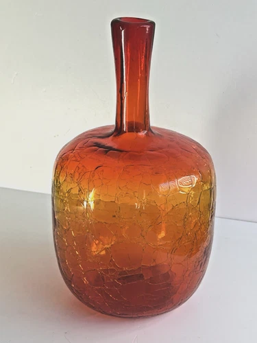 Blenko Tangerine Crackle Glass Decanter 657m Hand Blown MidCentury No Stopper