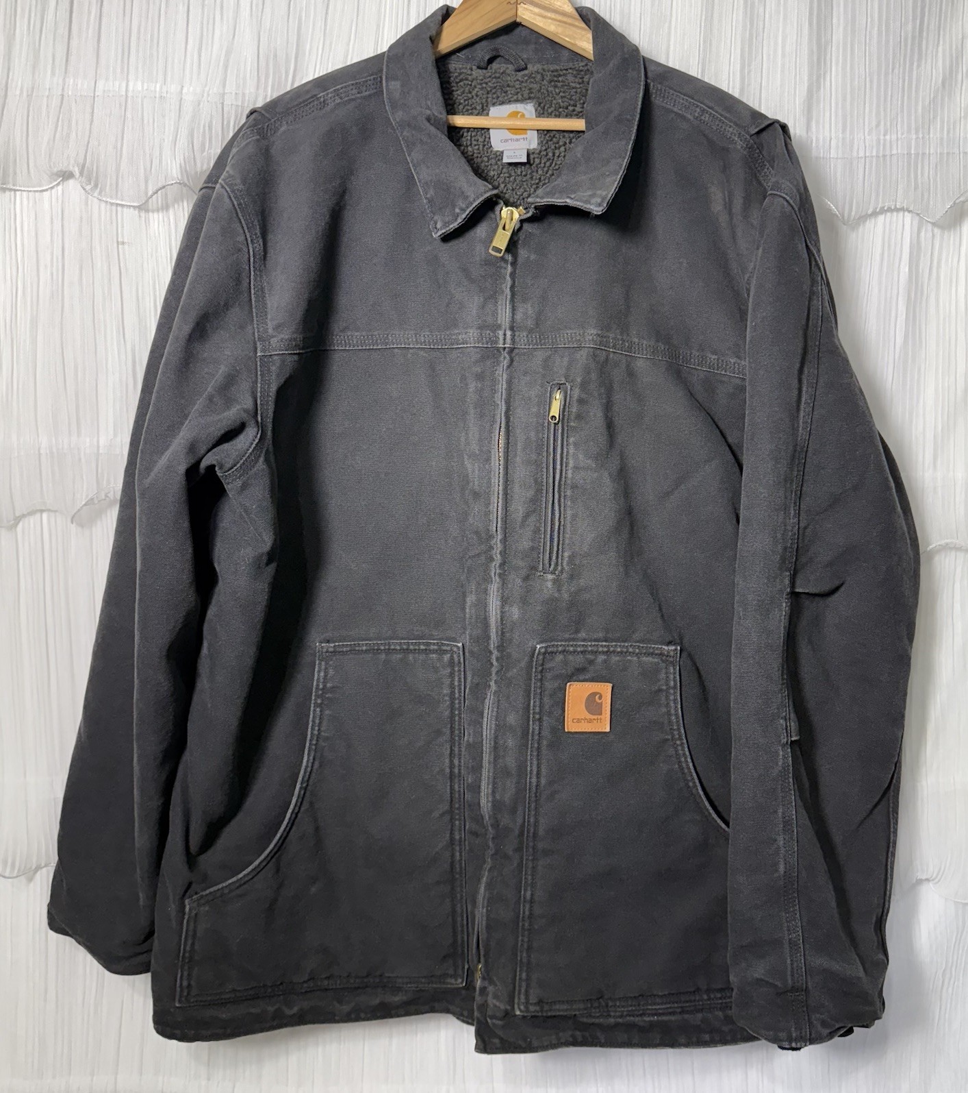 Carhartt C61 BLK Barn Coat Jacket Sherpa Lined Duck Canvas Sz Large Distressed