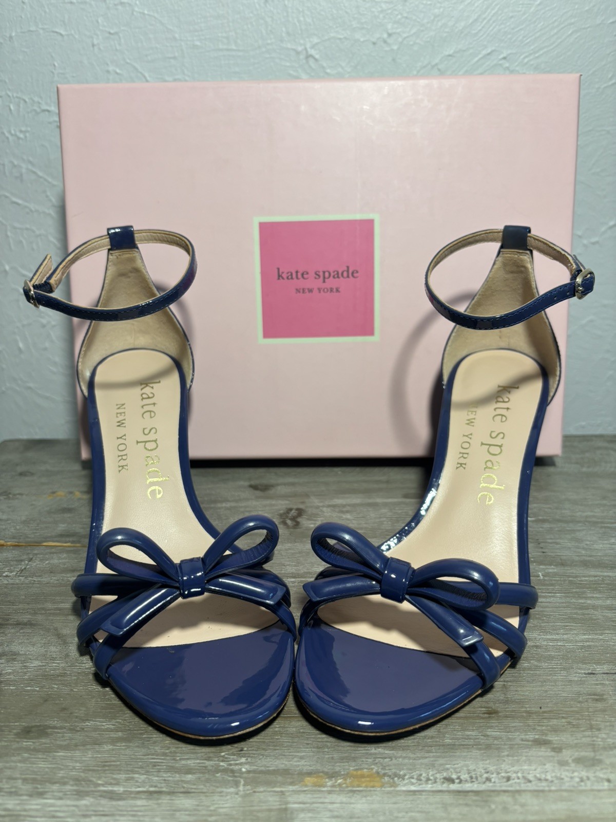 Kate Spade Flamenco Blue Patent Wedge Bow Heel Sandal Women's Size 7.5 with Box
