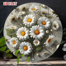 Round Retro White Daisy Metal Sign Floral Bouquet Cottagecore Home Wall Art Gift