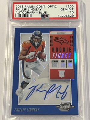 2018 Panini Contenders Optic Phillip Lindsay Blue Rookie Ticket Auto /25 PSA 10