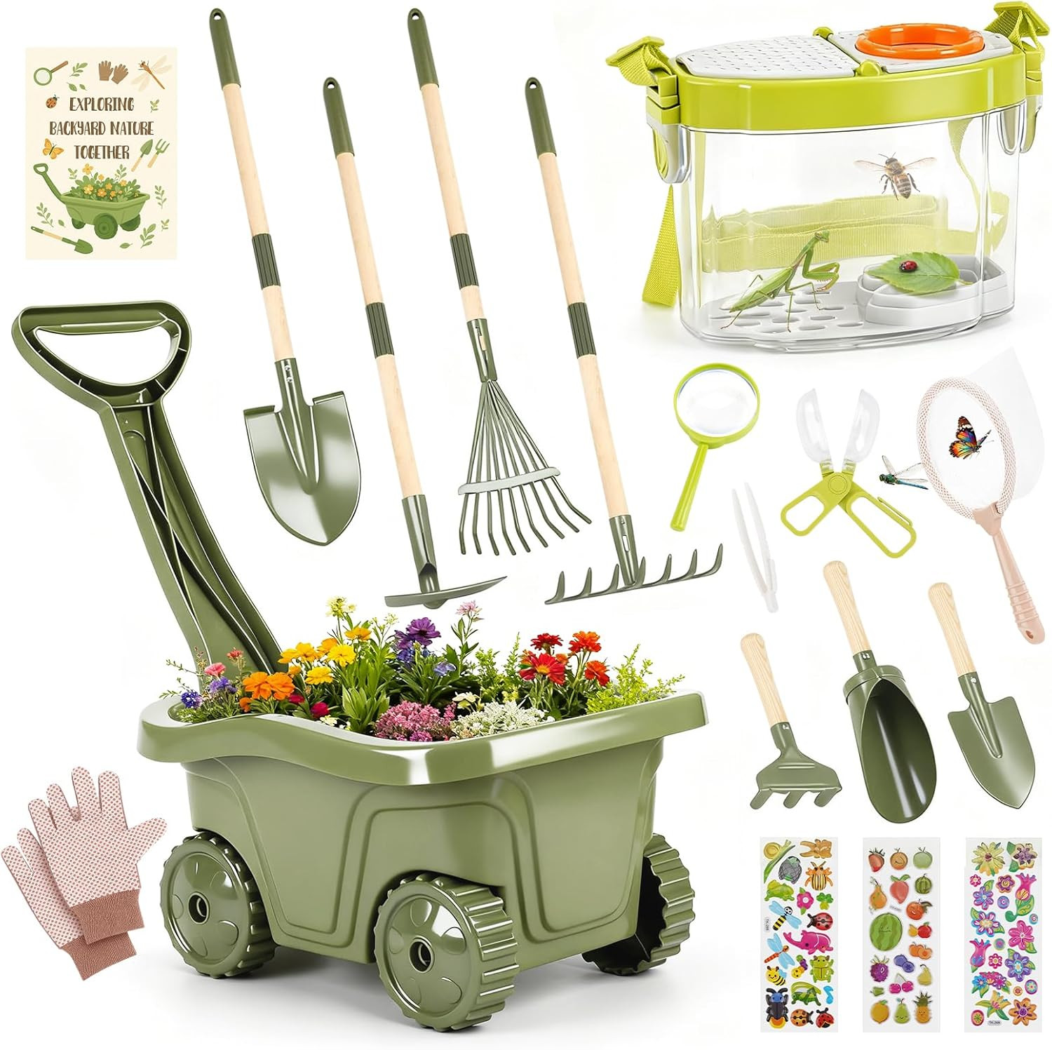 Carriola per Bambini 17PCS – Set Giardinaggio Bambini Con Attrezzi Lunghi E Cort
