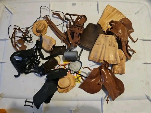 JOHNNY WEST MARX ACCESSORY LOT OR VINTAGE SADDLE CHAPS HAT ECT