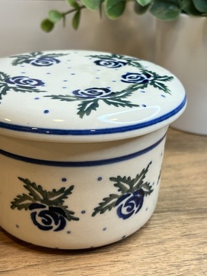 POLISH POTTERY Butter Dish Bell Blue Floral Roses Round Covered Handmade  STAMPED