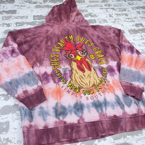 Simply Southern Hoodie Women XL Purple Tie Dye Sweatshirt Sweater Chicken Farm - Picture 11 of 16