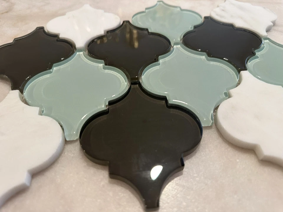 Blue, Grey, And Carrara Marble And Glass Mix Mosaic 9"x13" Interlocking - Image 3 of 4