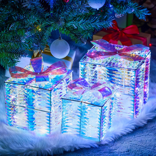 Christmas Lighted Gift Boxes, Christmas Decorations Set of 3, Christmas Iridesce