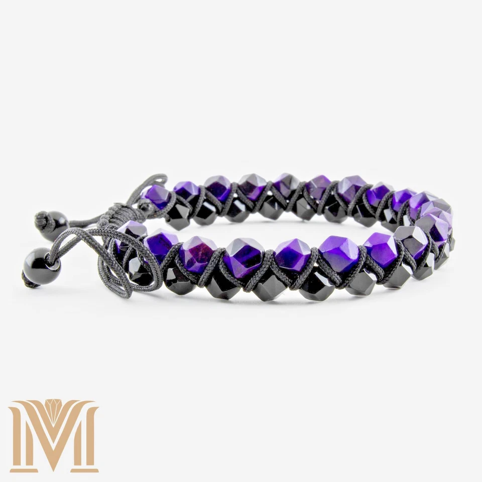 Elegante Pulsera Doble Capa - Ojo de Tigre Púrpura y Ónix, Ajustable (6.5"-9") Foto 4 de 4