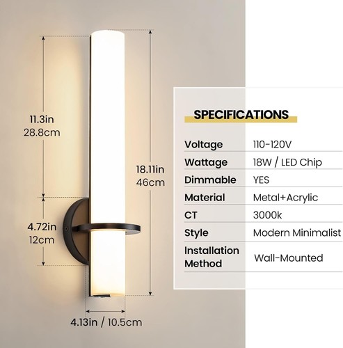 Black Sconces Wall Lighting Dimmable Modern Wall Sconces Set Of Two 18w 3000k Le - Picture 5 of 9
