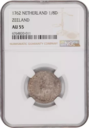 NETHERLANDS ZEELAND  1762  1/8 DUCAT SILVER COIN, NGC CERTIFIED AU-55