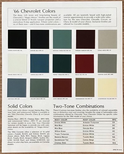 CHEVROLET COLOUR CHART USA 1966 CAPRICE Impala CHEVELLE Corvette CORVAIR Chevy 2 - Picture 2 of 2
