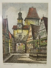 Ernst Geissendorfer Colored Etching Rothenburg Tor Signed Original Custom Framed