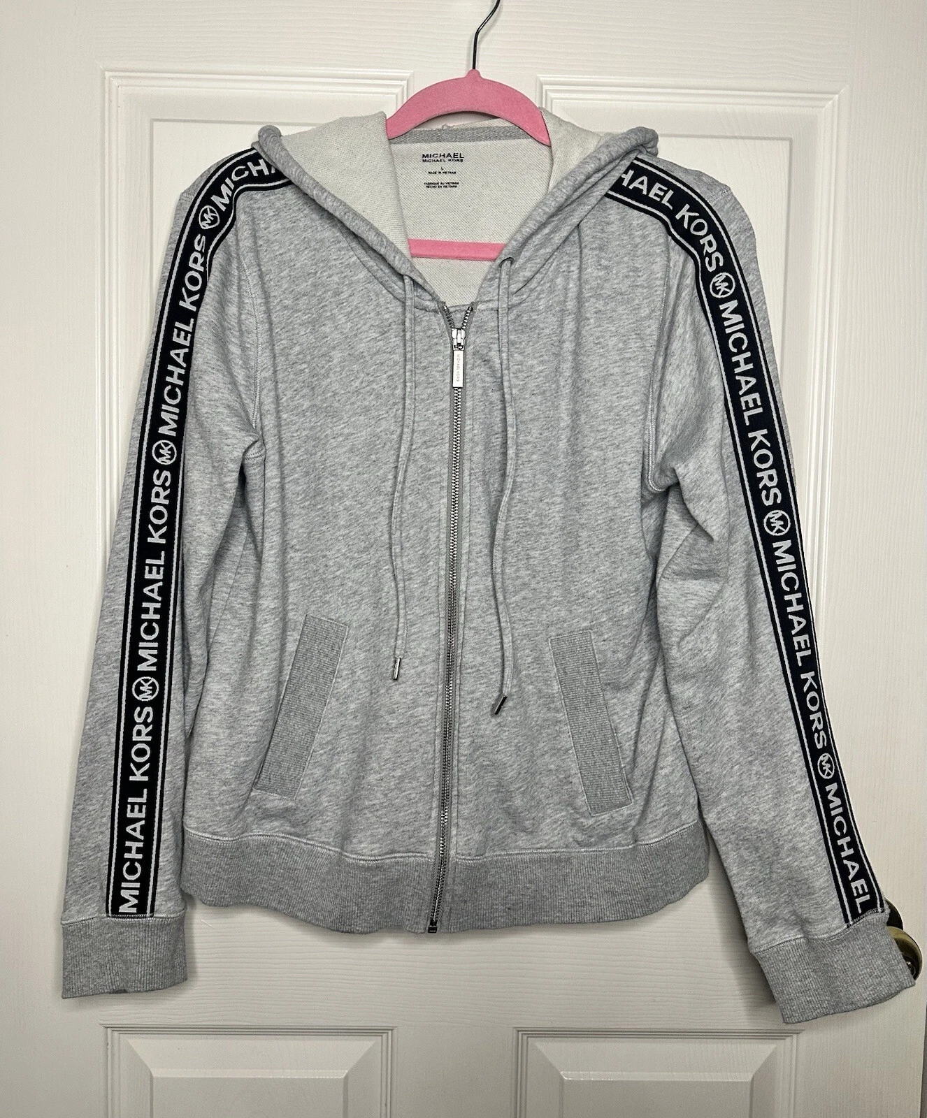 Giacca MICHAEL KORS donna taglia L grigio perla con cappuccio e zip logo nastro