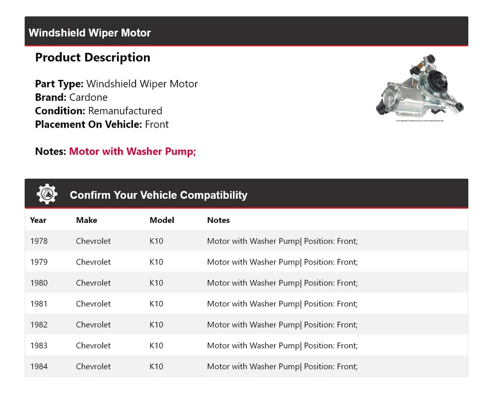 For 1978-1984 Chevrolet K10 Windshield Wiper Motor Front Cardone 1979 1980 1981 - Изображение 2 из 4