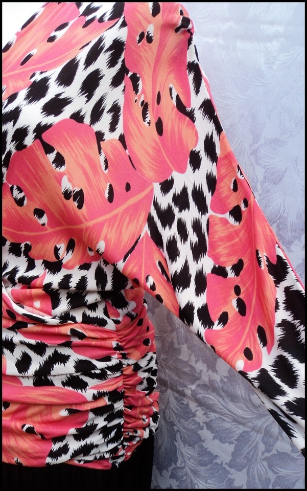 Vintage 1980s dress pink/black jungle animal print midi dress fits size
