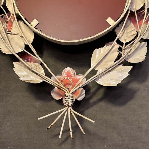 Vintage Italian Tole Metal Floral & Leaf Round Wall Mirror & Frame 27" x 17” - Picture 16 of 19