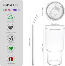 Glass Tumbler with Lid and Straw, Borosilicate Glass Iced Coffee Cup Smoothie...