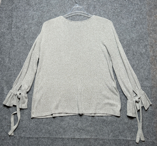Lucky Brand Sweater Womens 1X Gray Boho Ribbed Knit Modest Bell Tie Cuff Comfy - Picture 7 of 14
