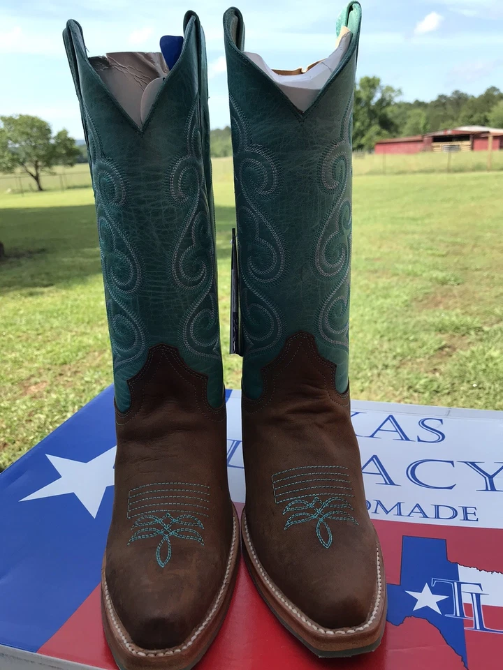 Женские ковбойские сапоги ручной работы Texas Legacy (размер США 5) MEX 22. Бирюзовая кожа - Изображение 2 из 4