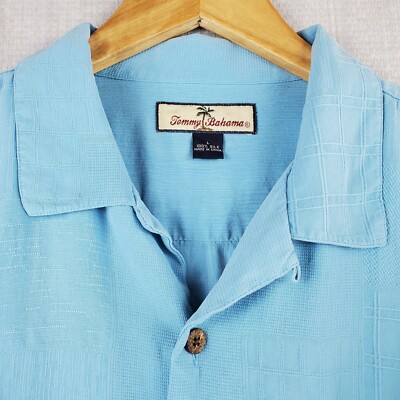 TOMMY BAHAMA Large 100% Silk Powder Blue Many Textures Camp Shirt Hawaiian Mens 
