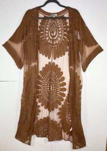 NWT Rebellion Again Long Lace Kimono Duster L Mustard Brown Boho 3/4 Sleeve