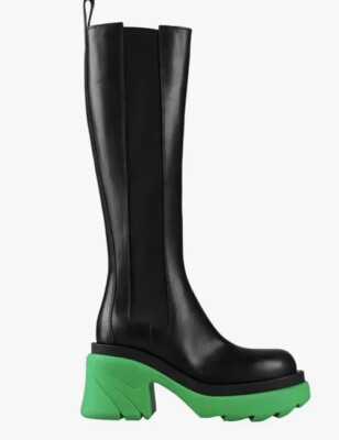Bottega Veneta Flash Leather Boot Women's. Black Platform Green Size 36.5