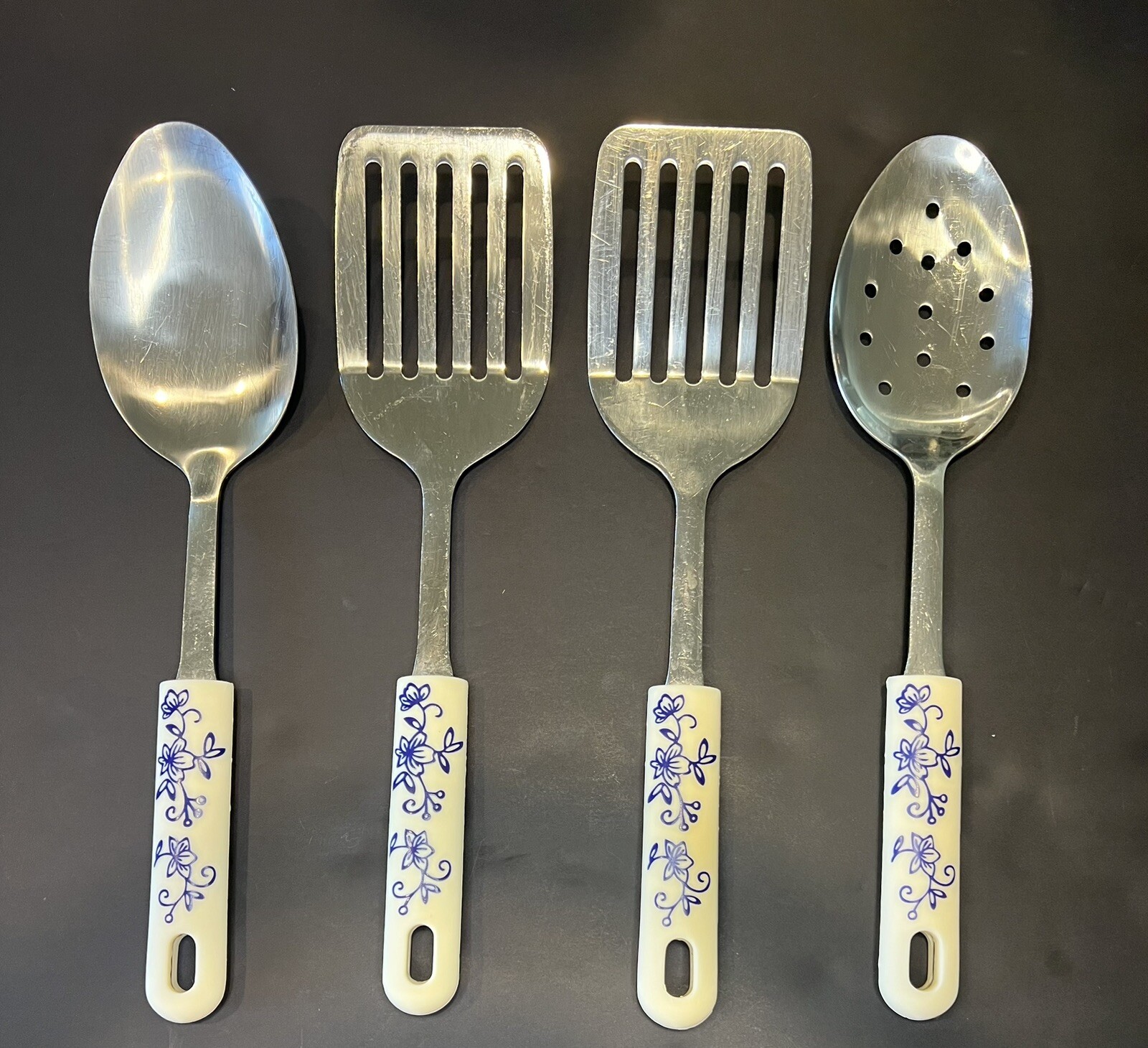 Vintage Temptations Cooking Utensils Blue And White Set Of 4 Spatula Spoon