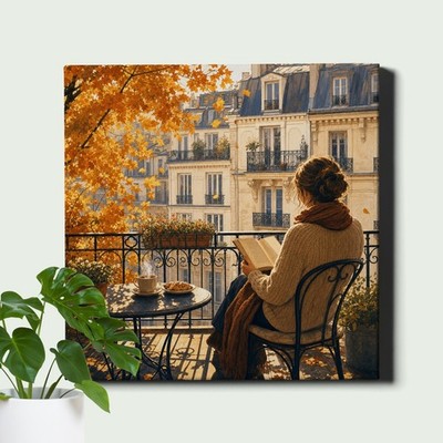 Autumn Balcony Wall Art Woman Reading Cozy Scene