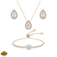 Teardrop Cubic Zirconia Jewelry Set Necklace Earrings Bracelet Bridal Wedding...