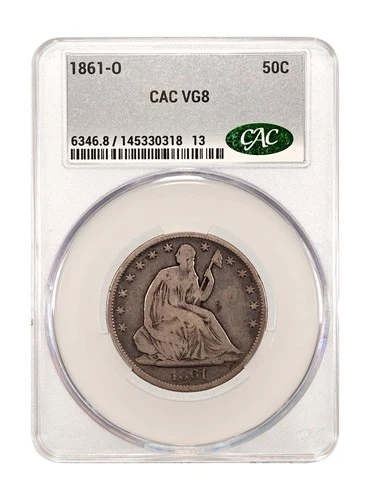 1861 O CACG VG8 - Silver Seated Liberty Half Dollar 50c US Coin Original So Nice