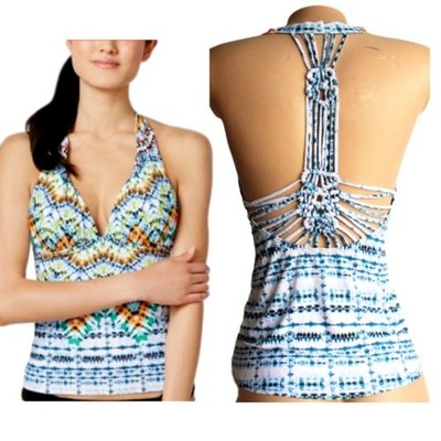 New Bar III Tulum Tie Dye Macrame Back Tankini Top Size S
