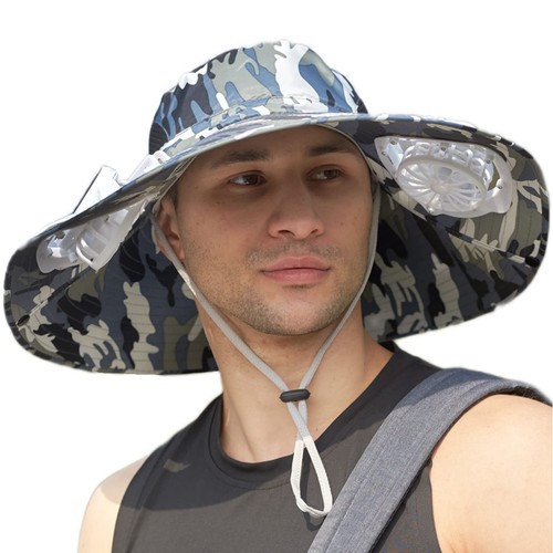 Mens Sun Hat with 2 Solar Fan, Summer UV Protection Wide Brim Bucket Hat Cowb...