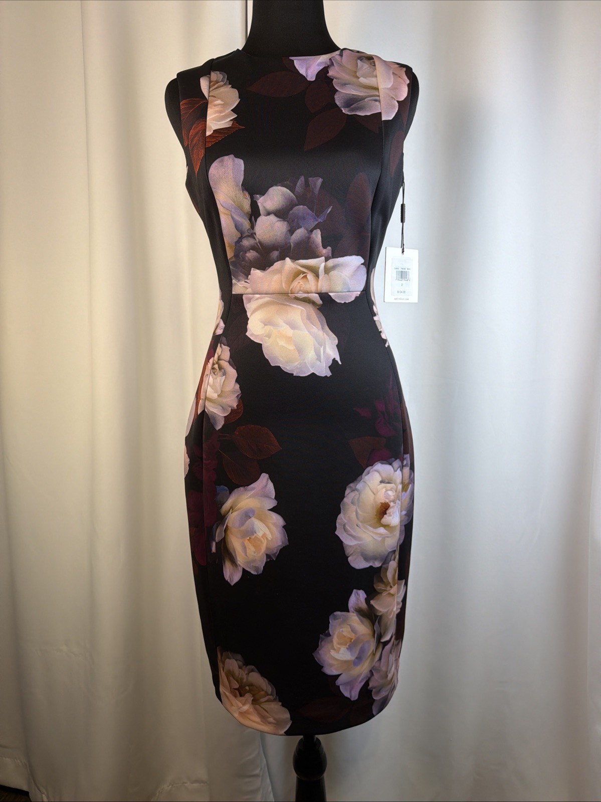 NWT Calvin Klein Floral Sleeveless Dress Black Roses Sz 2 Stretch