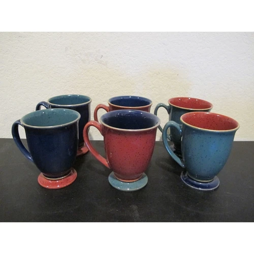 (6) Denby Harlequin Footed Mugs - Blue, Green & Red