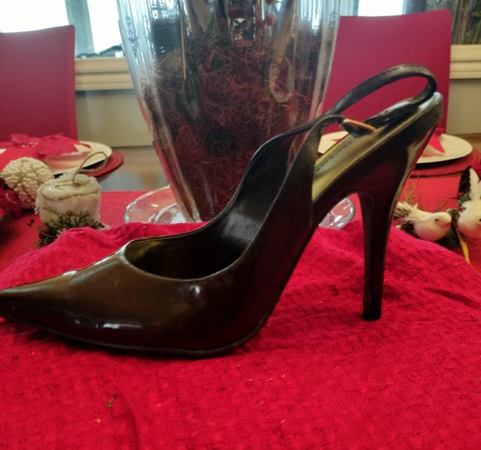 Вкусный, темно-коричневый искусственной лакированной кожи заостренный носок Stiletto слинга насосы - Изображение 3 из 4