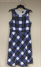 Talbots Women's Dress Blue Black Geometric Print Sleeveless Fit & Flare Sz 10
