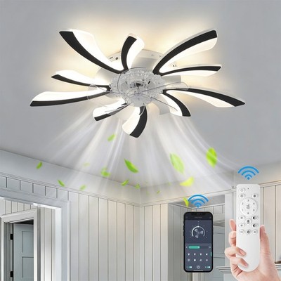 30'' Black Ceiling Fan with LED Light   Dimmable, Flush Mount, Remote & APP