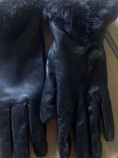 Women’s Black Leather Wrist Gloves Faux Fur Trim Cuff, Solid, Size S