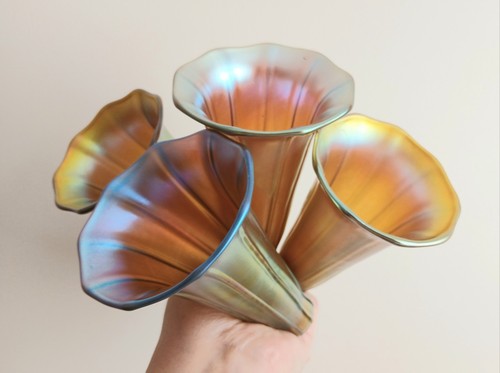 Antique Art Nouveau Glass Light Shades. Iridescent Glass Lily Light Shades.