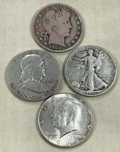 (4) 90% Silver Half Dollars - Barber/Walk. Lib./Frank./Kennedy (4) Free Ship.