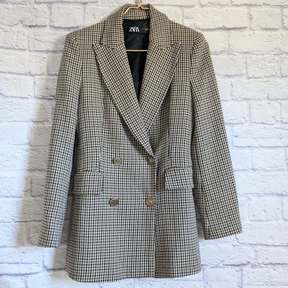 Chaqueta Blazer Zara Pata de Gallo Doble Pecho XS Gris Tostado Blogger Favorita Preppy Foto 2 de 4