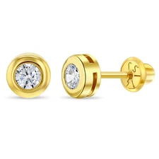 Bezel Cubic Zirconia Clear Toddler / Girls Earrings Safety Screw Back - 14k Gold