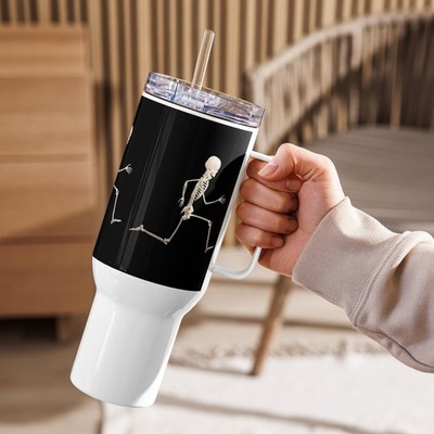 Halloween Travel Mug 3 Skeletons Running 25oz 40oz Hot Cold Stainless Steel Cup