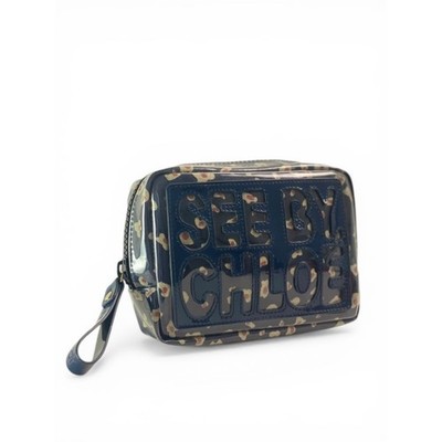 See by Chloe Cosmetic Pouch Clutch Bag Navy Blue Abstract Leopard Print PVC
