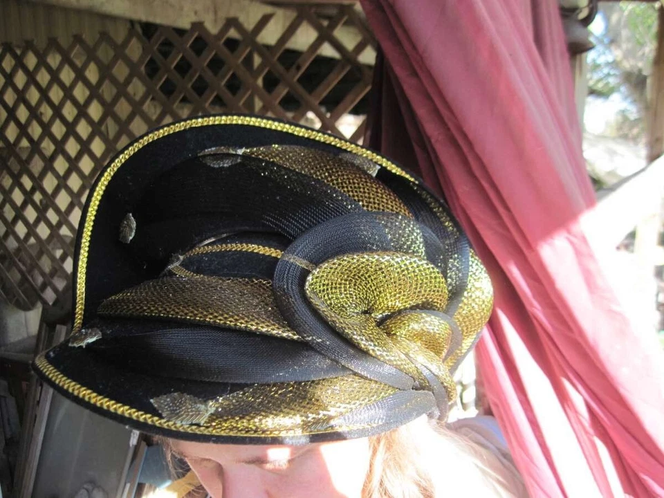 Deborah New York 100% Wool Black Gold Mesh Beaded Leaves Sunday Church Hat USA - Image 2 of 4