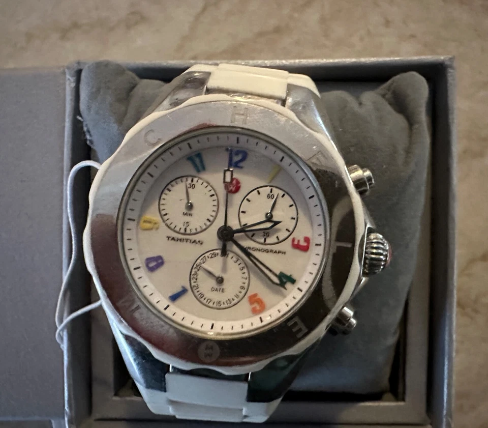 Reloj Michele Tahitian Jelly Bean Carousel Blanco Plata Arco Iris Números en caja Foto 2 de 4