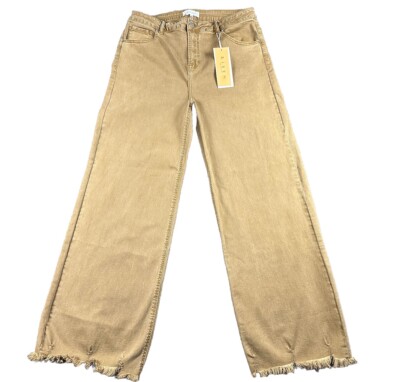 Risen Los Angeles High Rise Wide Leg Jeans Size 2XL Mocha Raw Frayed Hem 35X32