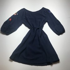 Loft Dress Womens Size XS Navy Blue Shift Embroidered Long Sleeves Tie Belt